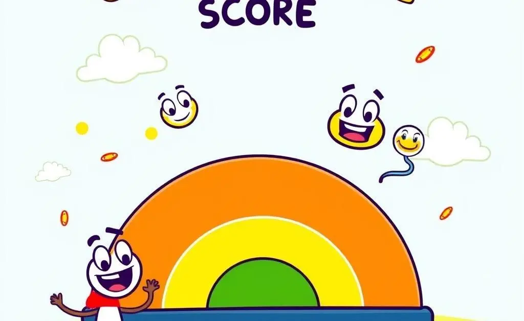 A cartoon-style credit score chart with different ranges marked