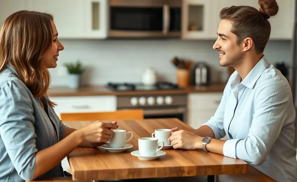 Two people discussing credit scores over coffee at a kitchen table.