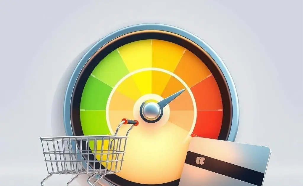 Illustration showing a credit score gauge with a shopping cart and credit card next to it.