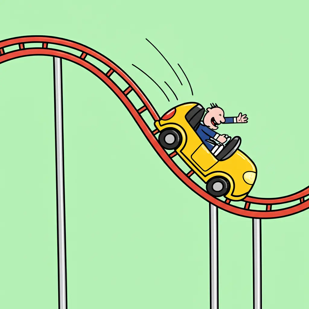 Cartoon representation of a credit score fluctuating like a rollercoaster