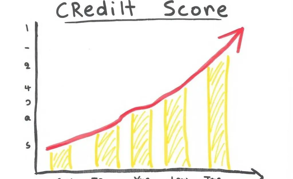 A chart showing a credit score increasing over time with upward arrows.