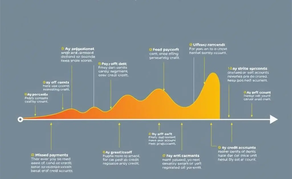 A timeline-style infographic showing a credit score journey, with spikes and dips labeled.