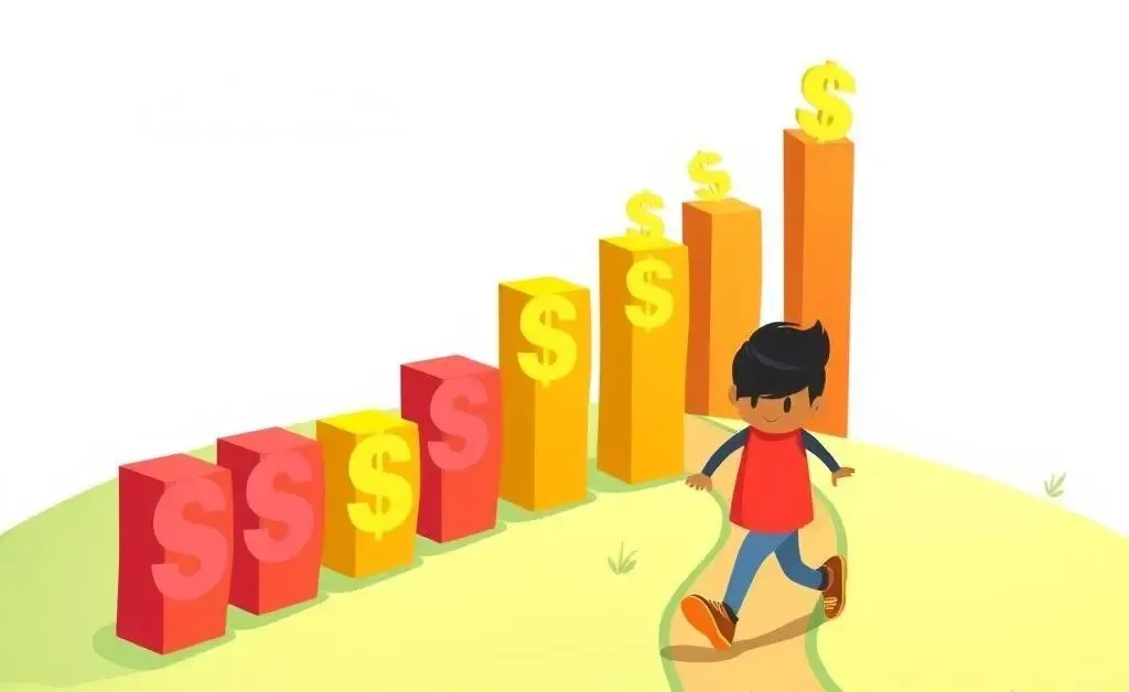 A cartoon style figure walking on a path marked with increasing credit score signs.