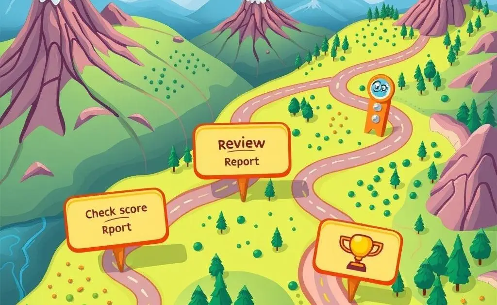 A cartoon map illustrating a journey with checkpoints: 'check score', 'review report', 'dispute errors'.