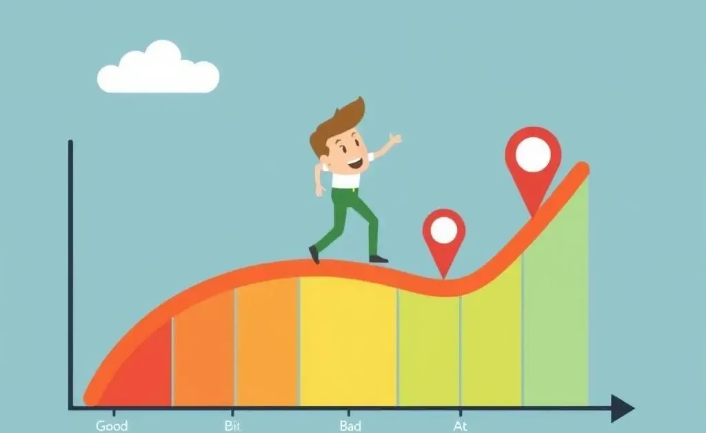 Person on a credit score journey with graph markers for good and bad credit.