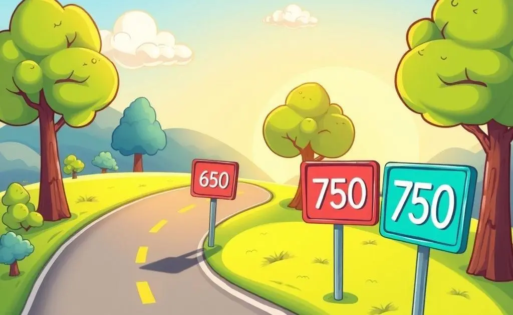 A cartoon depiction of a winding road with credit score landmarks like 650, 700, 750 along the way.
