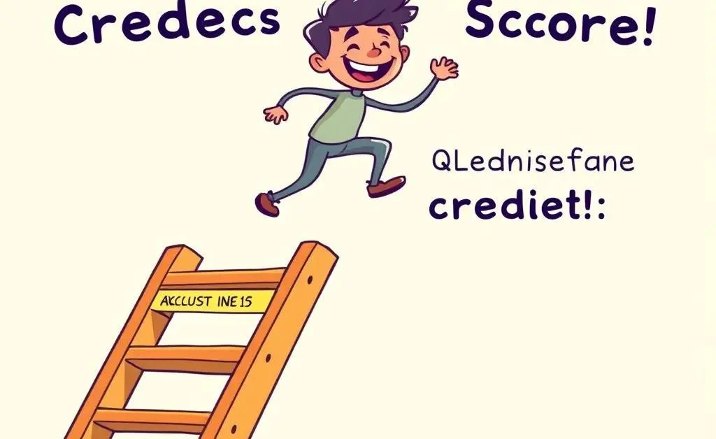 A cartoon figure climbing a ladder labeled with steps for improving credit score.