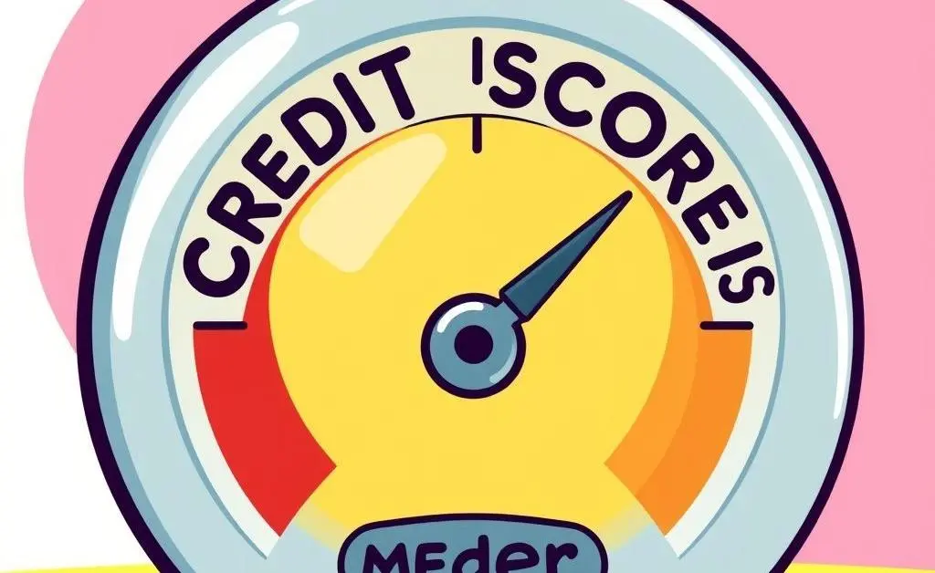 Cartoon-style credit score meter showing a middle score