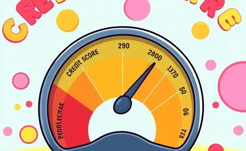 A cartoon-style credit score meter showing different credit ranges