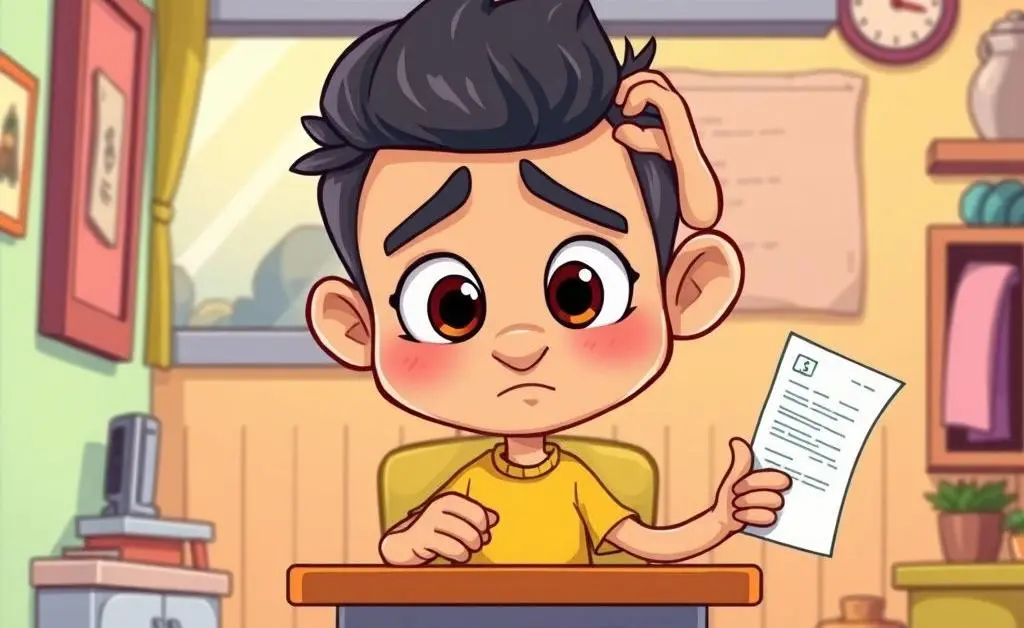 A cartoon character paying a bill with confusion