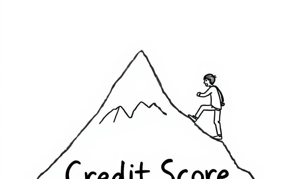 Hand-drawn style of a person climbing a mountain labeled 'Credit Score Recovery'.