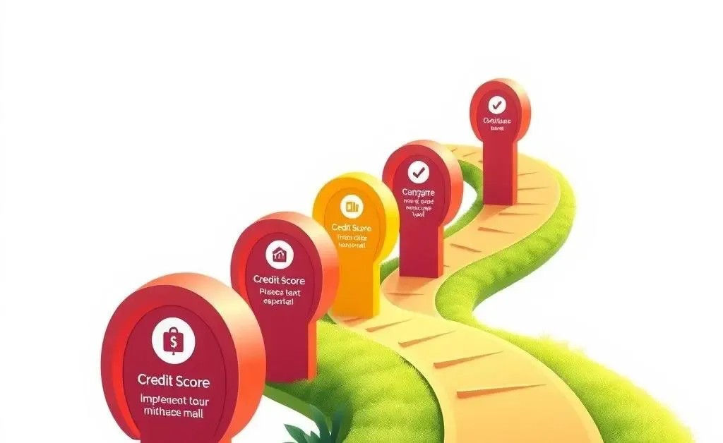 Illustration of a roadmap with milestones representing different credit score improvement stages.
