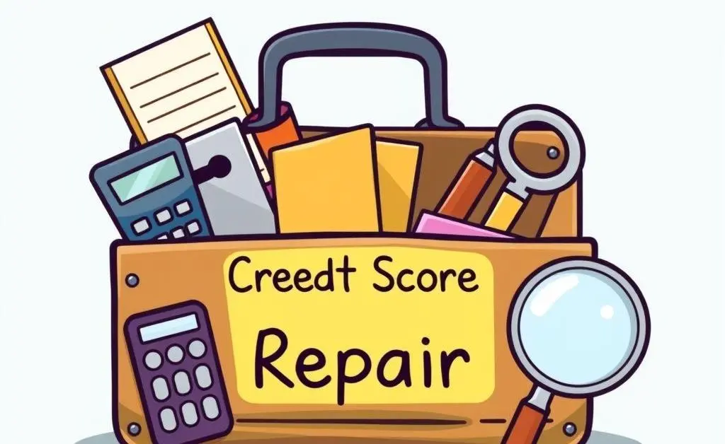 A cartoon-style image of a toolkit labeled 'Credit Score Repair' with tools like a calculator, notepad, and a magnifying glass.