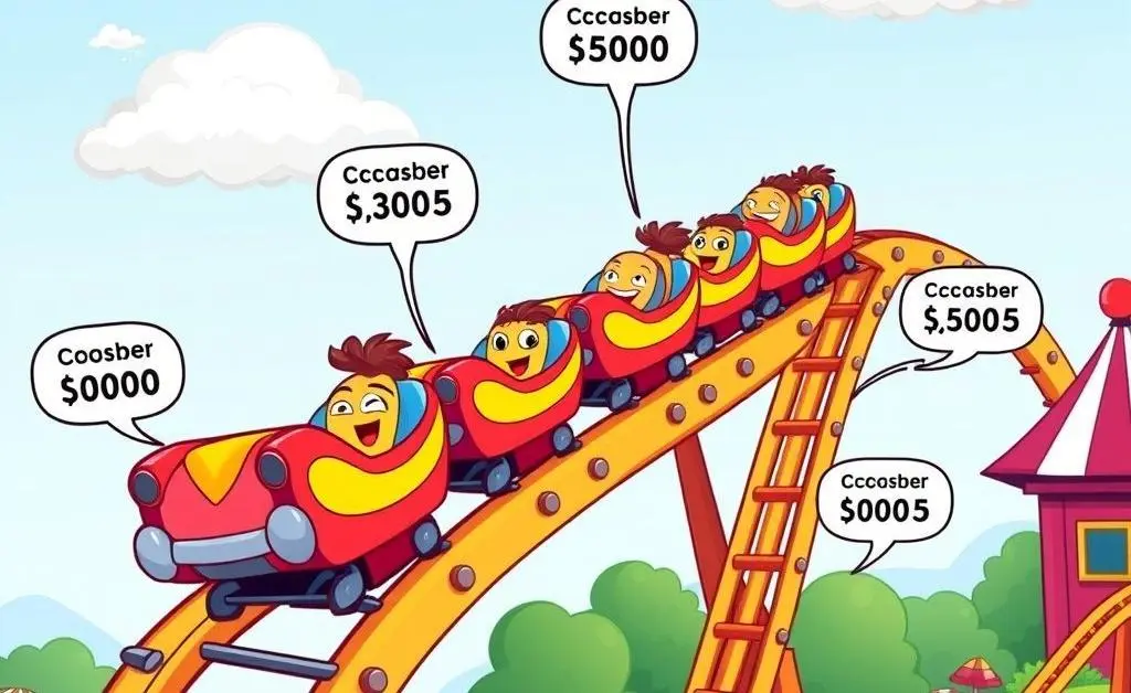 Cartoon-style rollercoaster labeled with credit scores going up and down