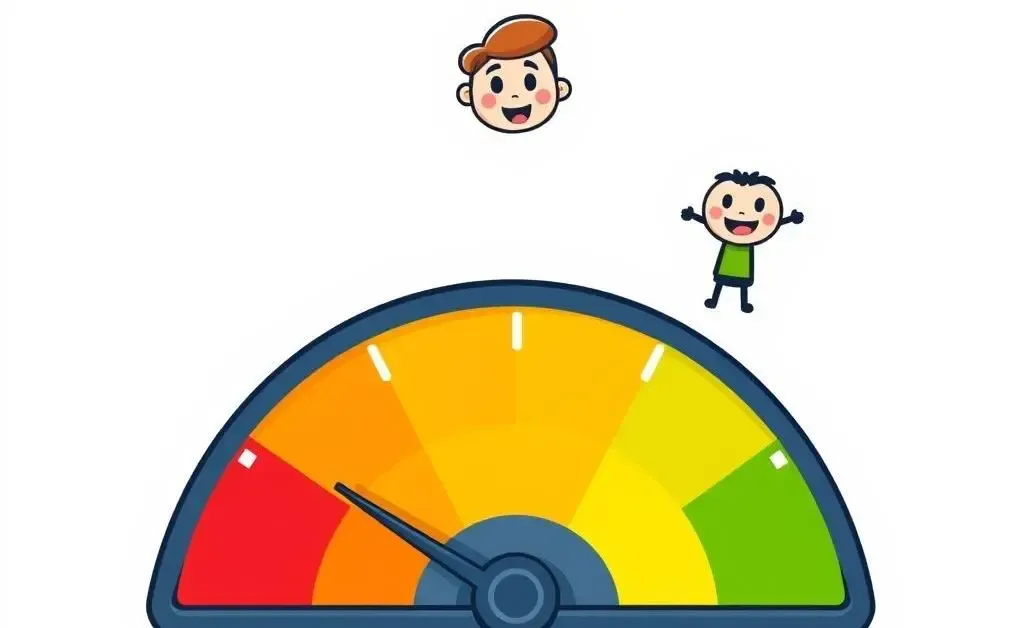 A cartoon illustration of a credit score scale with low, medium, and high zones in different colors.