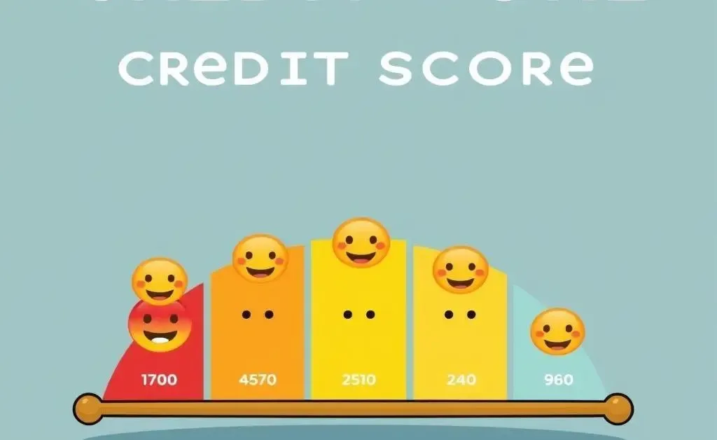 A cartoon-style credit score scale showing different score brackets with emoticons.
