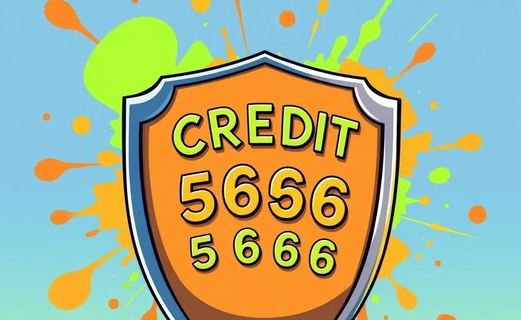 Cartoon showing a shield with credit score numbers in the background