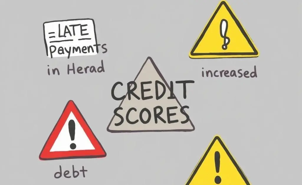 Hand-drawn warning signs related to credit scores such as late payments and increased debt