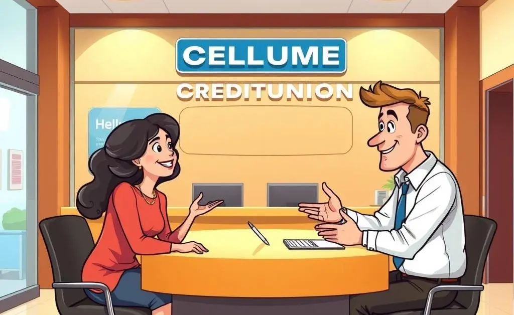 A cartoon of a financial advisor talking to a couple at a desk in a credit union.