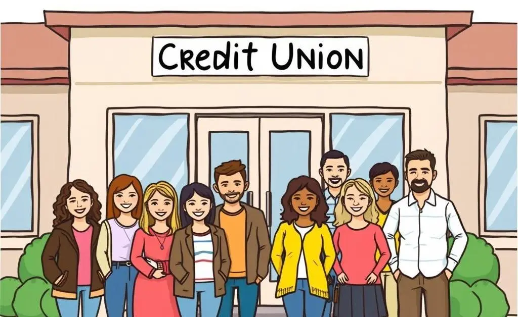 A diverse group of people standing happily outside a credit union building.