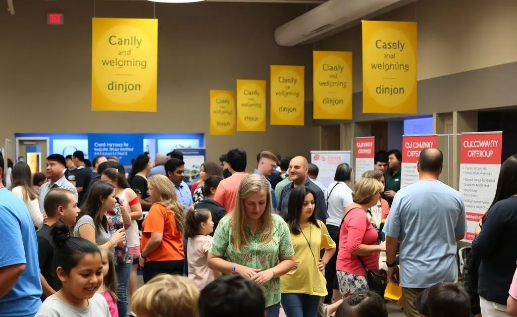 A lively community event at a credit union with families participating