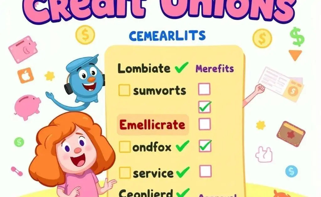 A cartoon-style checklist comparing benefits of different credit unions.