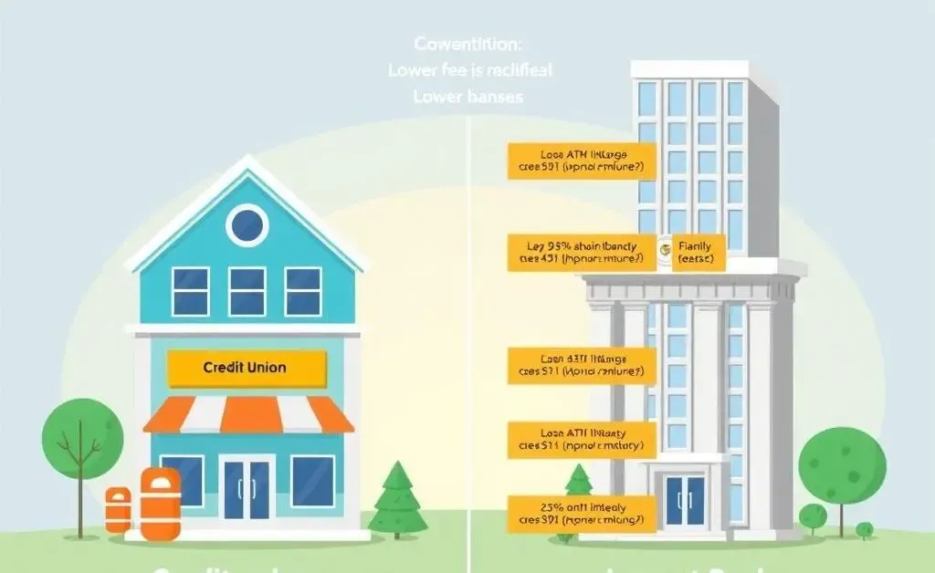 Illustrative comparison chart showing lower fees at a credit union versus a traditional bank