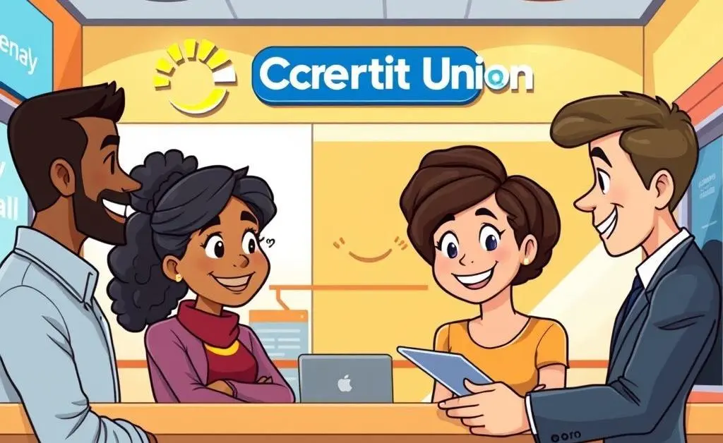 Cartoon-style depiction of a diverse couple discussing a loan with a credit union advisor