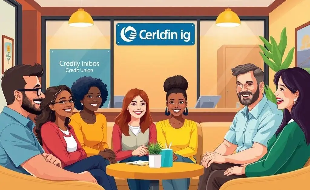 Illustrated members having a friendly, relaxed meeting with credit union staff