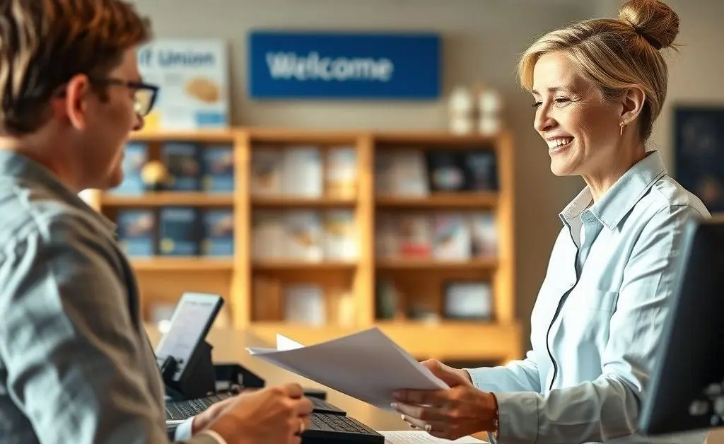 A friendly credit union teller assisting a customer at the counter
