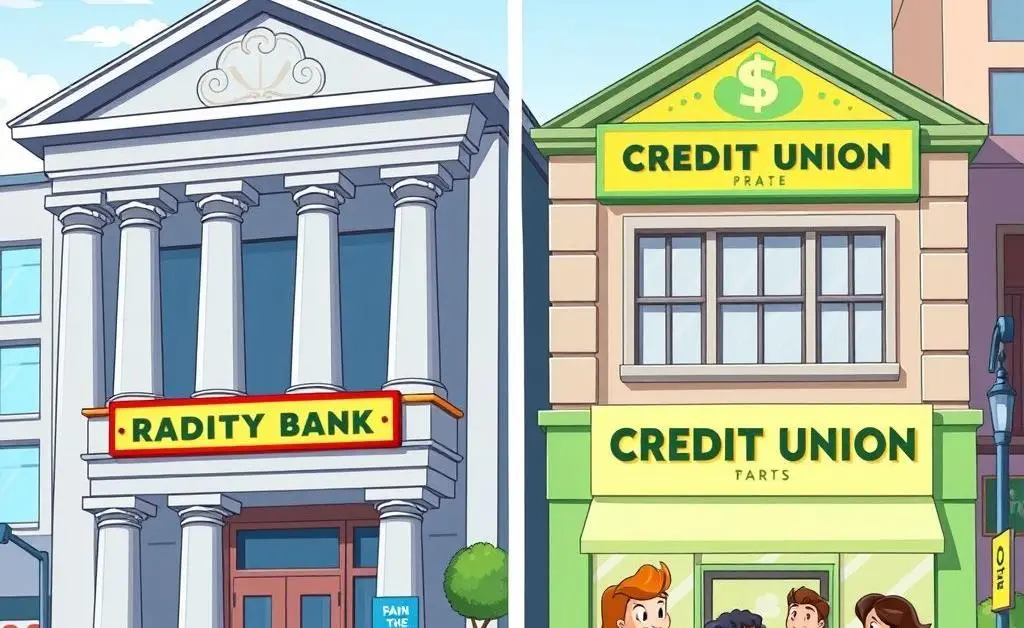 A cartoon image contrasting a traditional bank and a friendly credit union.