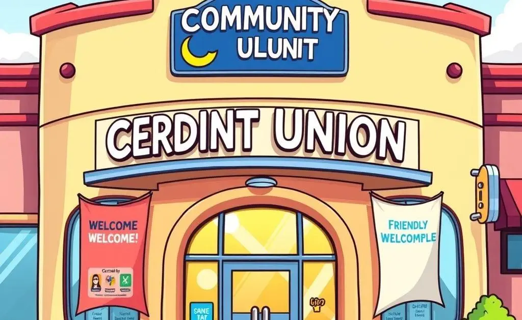 A friendly, cartoon-style drawing of a credit union entrance with welcoming signs.