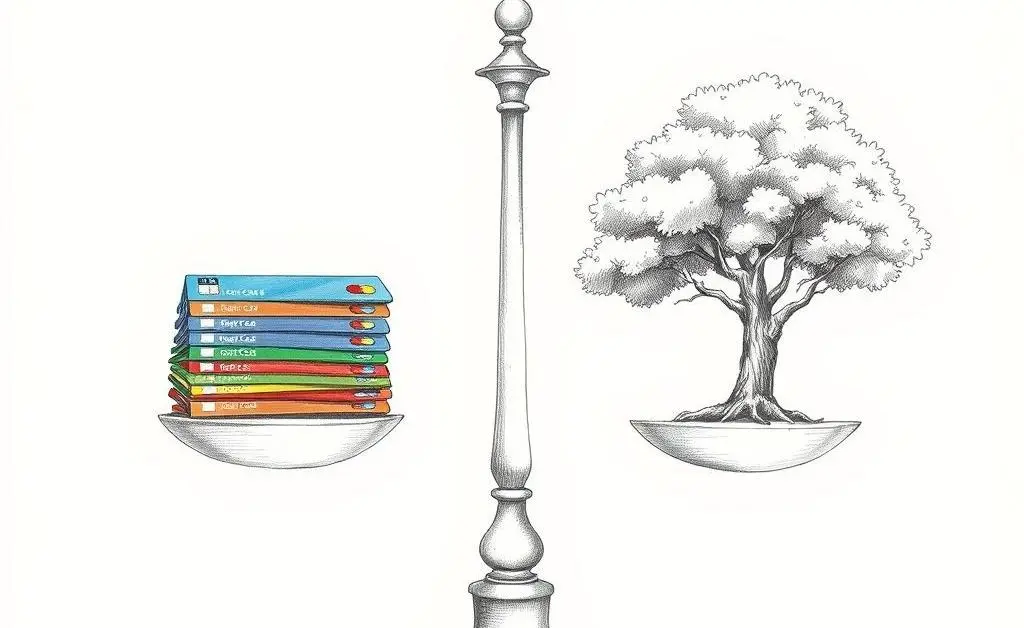 Hand-drawn image of a balance scale with credit cards on one side and financial stability on the other.