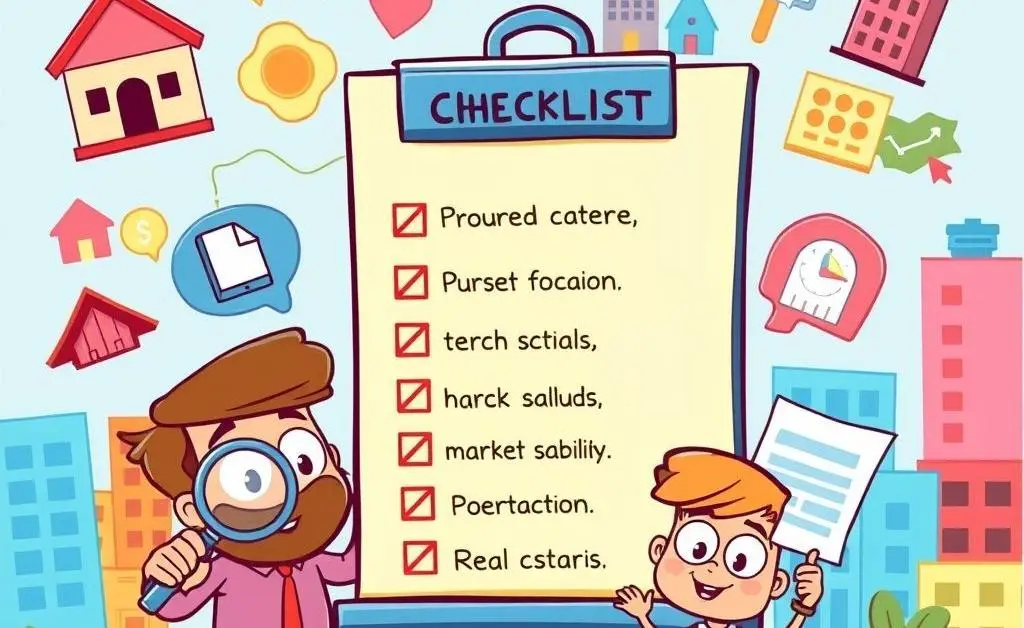 A checklist with various critical factors for evaluating real estate investments, depicted in a cartoon style.