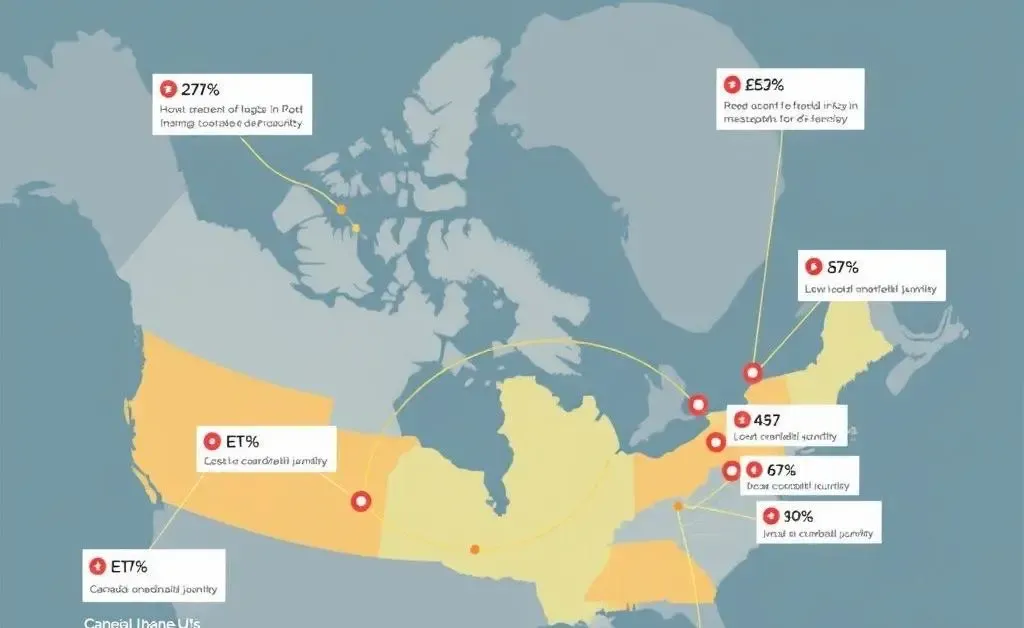 A map illustrating the financial journey between Canada and the US, marked with indicators for ETFs.