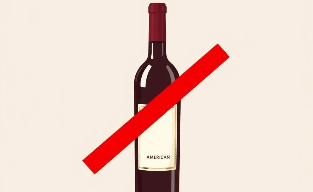 Minimalist drawing showing a bottle of American wine crossed out with a red X.