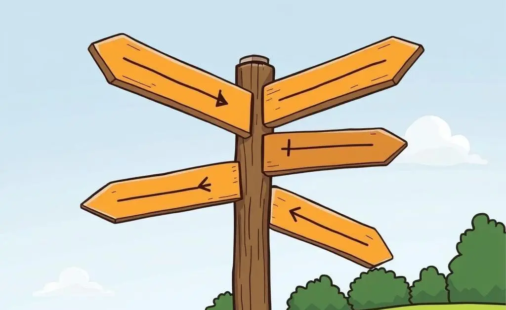 A cartoon-style signpost at a crossroad with arrows pointing in various directions