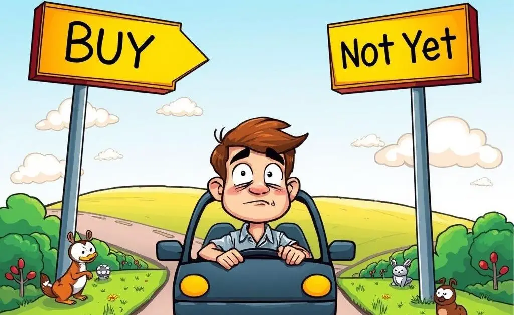 Cartoon of an individual at a crossroads with signs reading 'Buy' and 'Not Yet'