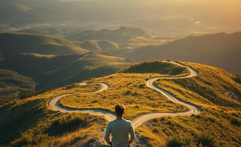 A person standing at a crossroads, choosing between different life paths