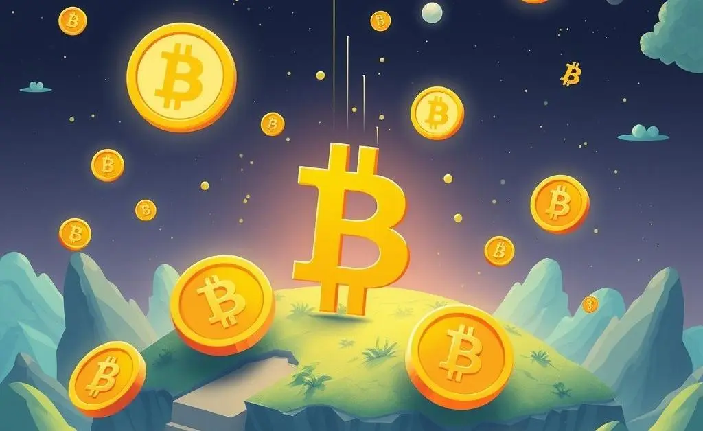 A futuristic world with digital currency symbols.