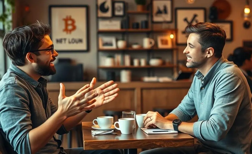 Two individuals having a discussion about cryptocurrency in a casual café setting.