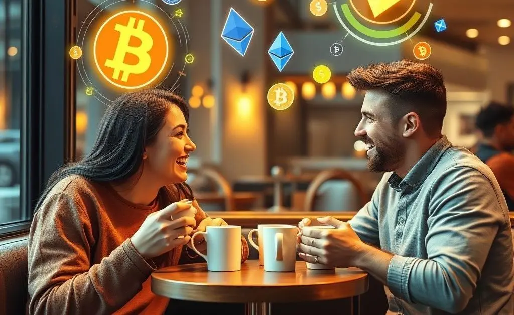Two friends discussing cryptocurrency over coffee