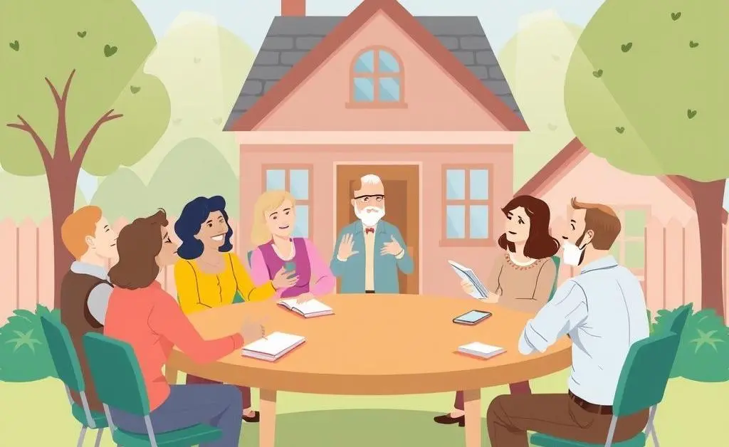 Illustration of a friendly town hall meeting discussing real estate topics.