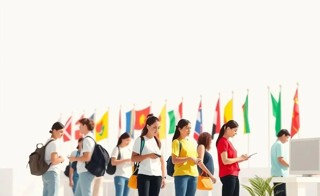 Students volunteering at a cultural event with international flags