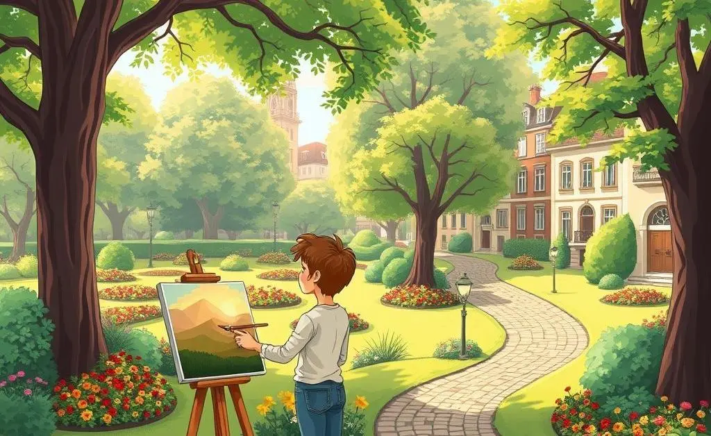 A cartoon-style illustration of a person painting in a scenic European park.