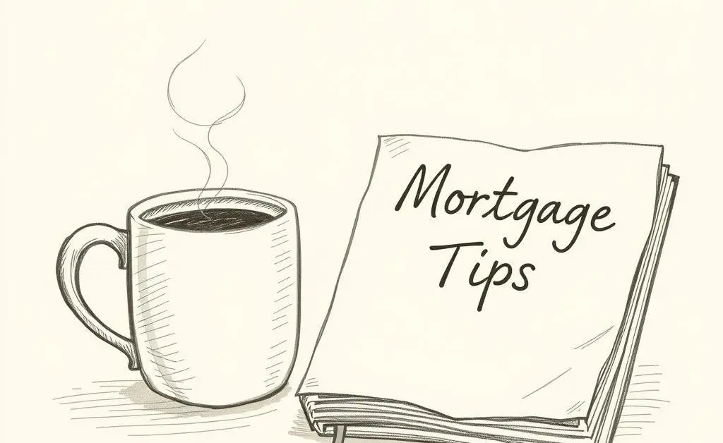 A coffee cup next to a notebook labeled 'Mortgage Tips'
