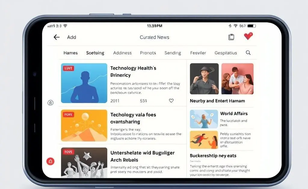 Smartphone with a curated news app interface