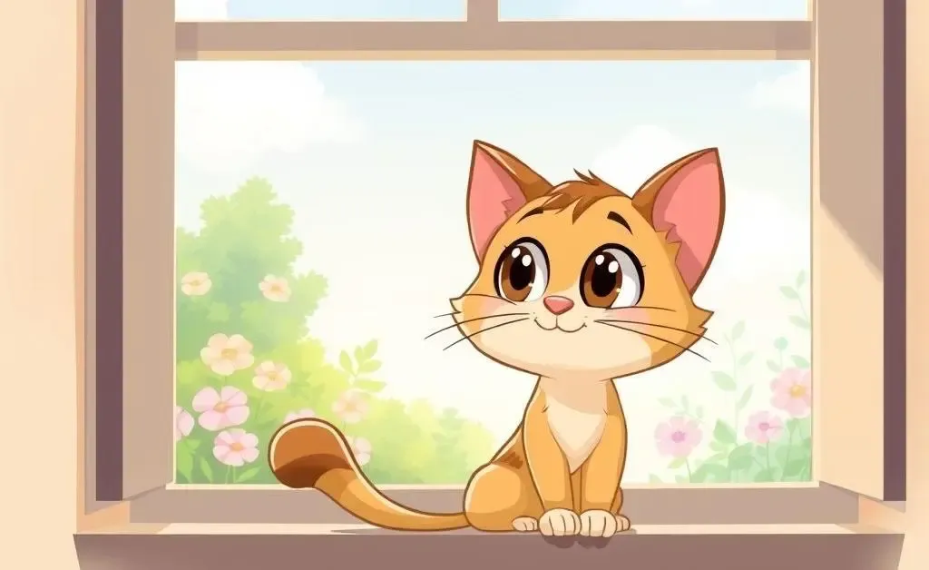 A cartoon cat sitting by a window, gazing outside with a curious expression