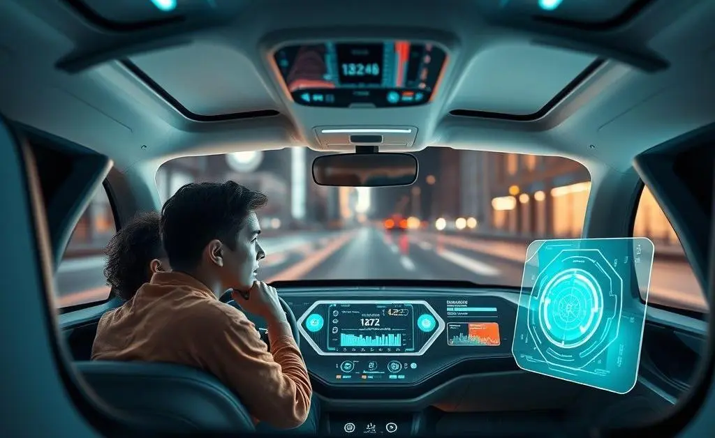 A curious couple sitting inside a sleek, modern driverless car looking at a futuristic dashboard