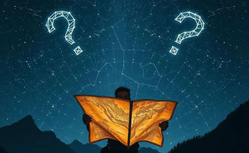An adventurous traveler standing with a map under a starry sky